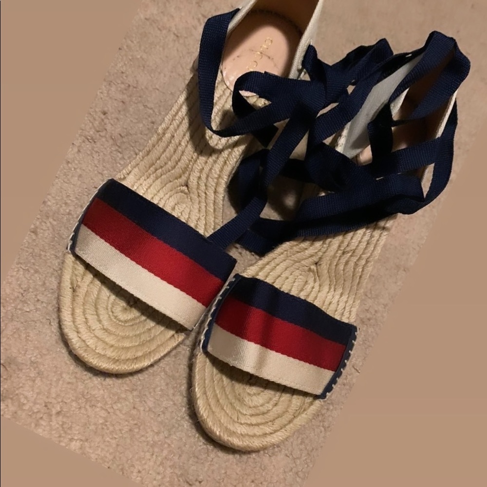 Gucci Ankle Tie Wedge Platform Sandal, Excellent Condition